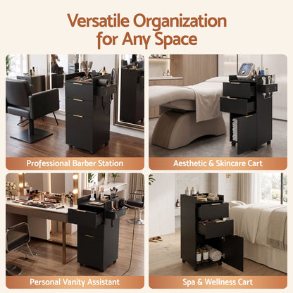 Artiss Professional Salon Station Rolling Cart, Hair Styling Beauty Cabinet with 2 Drawers, Large Supply Cabinet &amp; 3 Appliance Holders, Wood Barber Spa Trolley with 360° Wheels for Skincare &amp; Vanity, Black