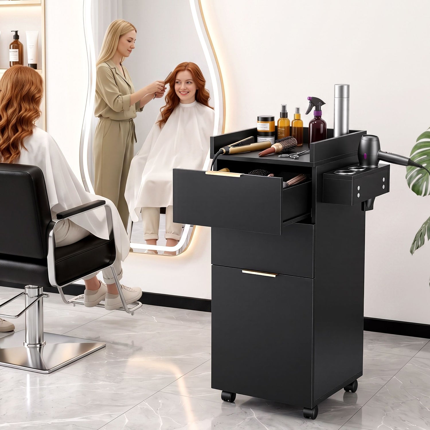 Artiss Professional Salon Station Rolling Cart, Hair Styling Beauty Cabinet with 2 Drawers, Large Supply Cabinet &amp; 3 Appliance Holders, Wood Barber Spa Trolley with 360° Wheels for Skincare &amp; Vanity, Black