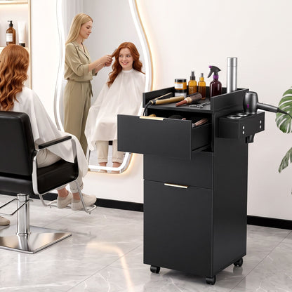 Artiss Professional Salon Station Rolling Cart, Hair Styling Beauty Cabinet with 2 Drawers, Large Supply Cabinet &amp; 3 Appliance Holders, Wood Barber Spa Trolley with 360° Wheels for Skincare &amp; Vanity, Black