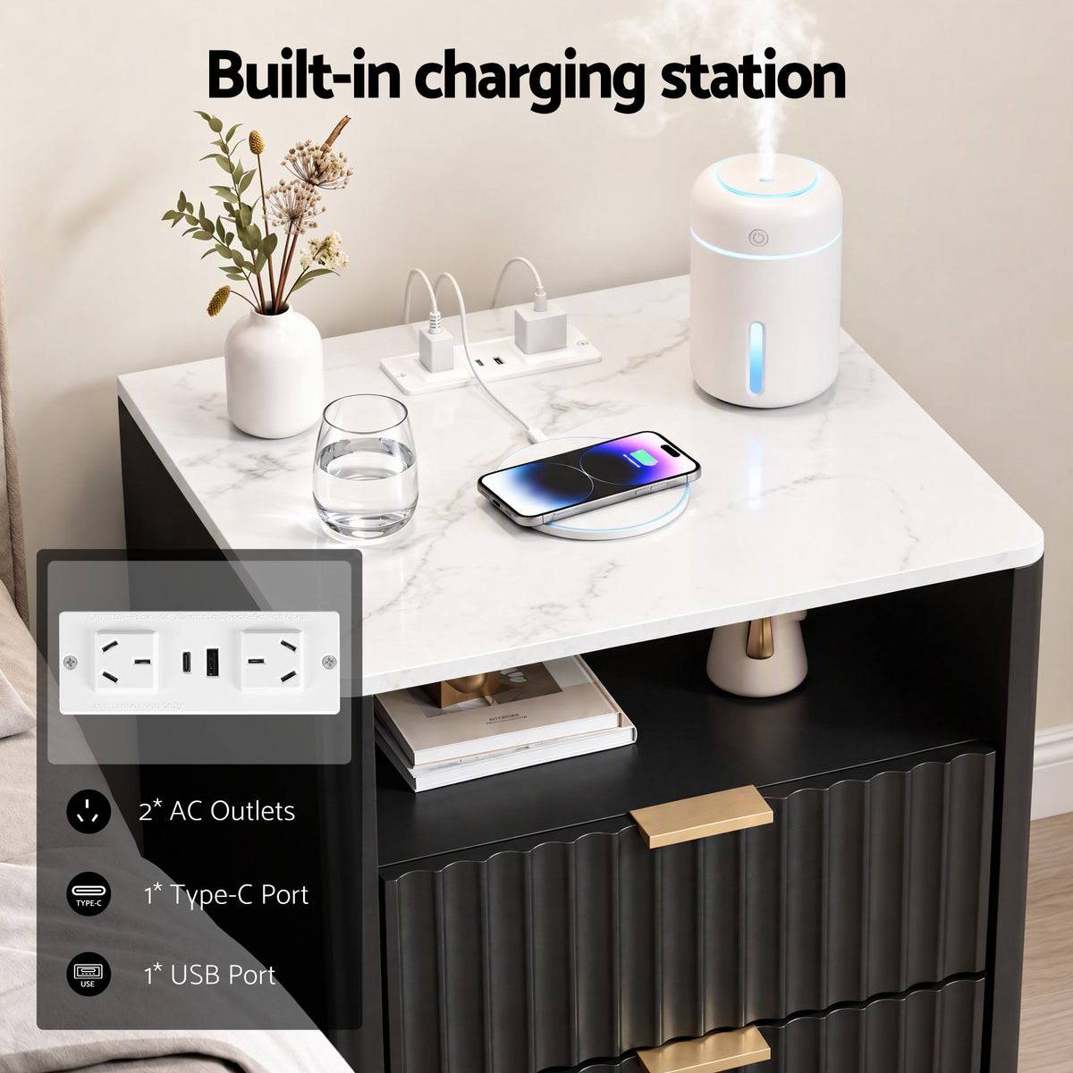 Artiss Bedside Table with Charging Station and 2 Drawers Black-Furniture > Bedroom > Bedside Tables-PEROZ Accessories