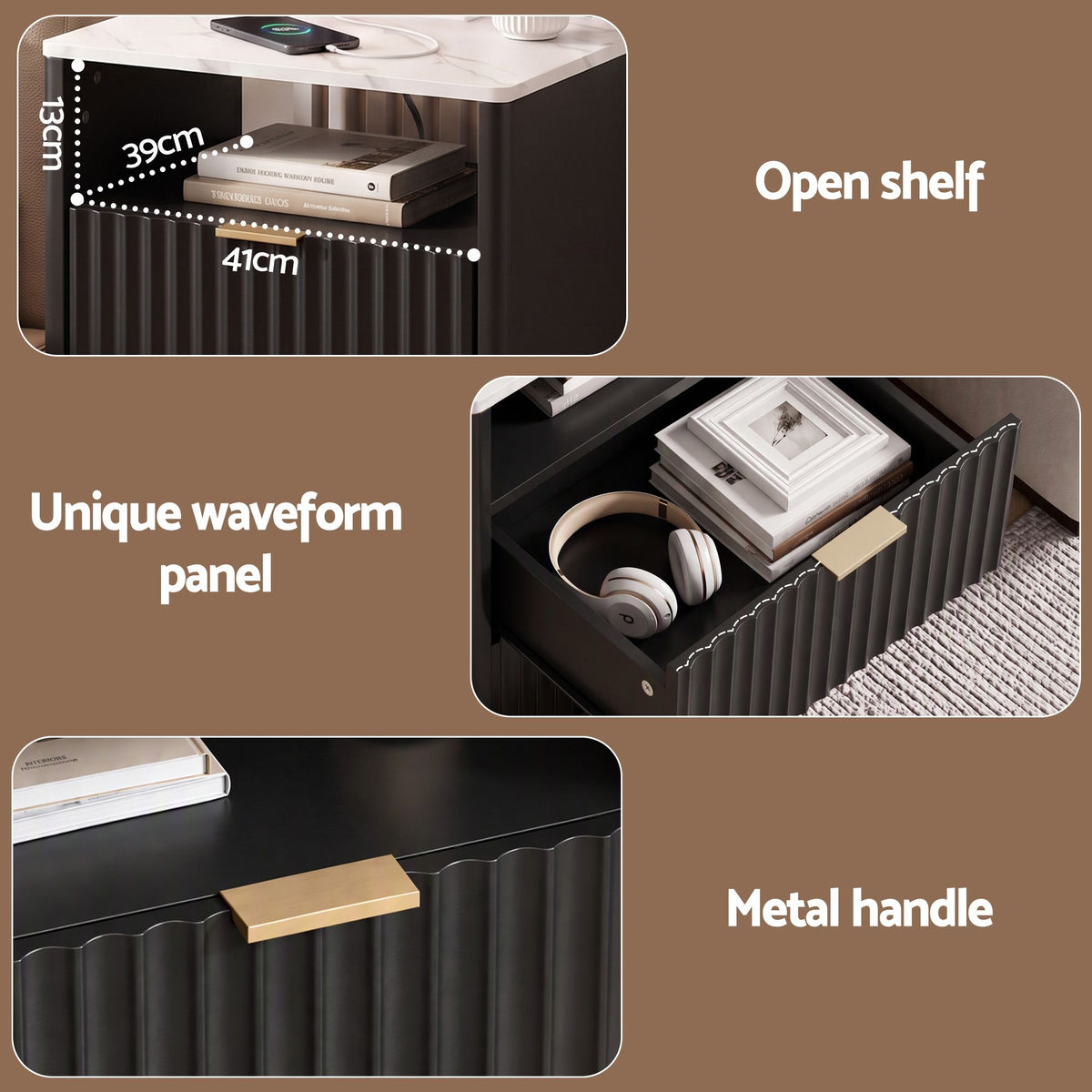 Artiss Bedside Table with Charging Station and 2 Drawers Black-Furniture > Bedroom > Bedside Tables-PEROZ Accessories