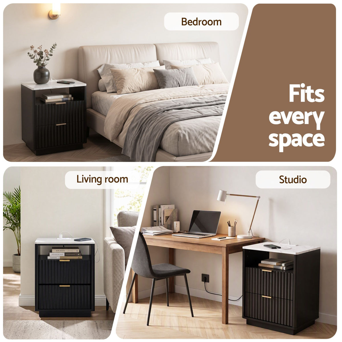 Artiss Bedside Table with Charging Station and 2 Drawers Black-Furniture > Bedroom > Bedside Tables-PEROZ Accessories