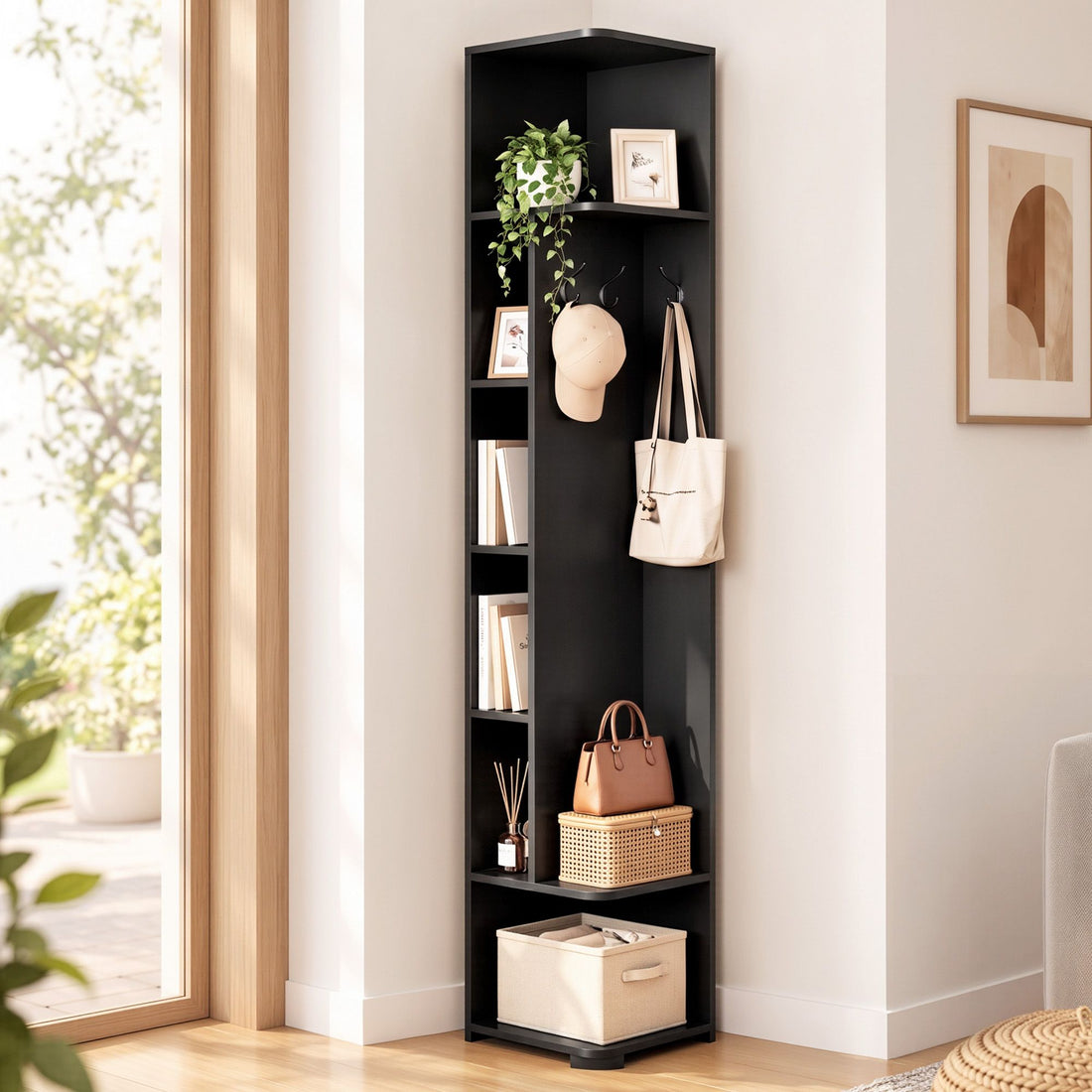Artiss Corner Bookshelf 6-Tier Shelving with Coat Rack Black-Furniture > Living Room > Bookcases &amp; Shelves-PEROZ Accessories