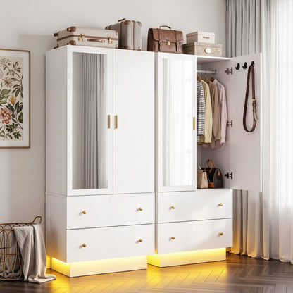 Artiss LED Wardrobe Cabinet Clothes Storage with Mirror 2 Drawers Hanging Rail-Home &amp; Garden > Storage > Clothing &amp; Wardrobe Storage-PEROZ Accessories