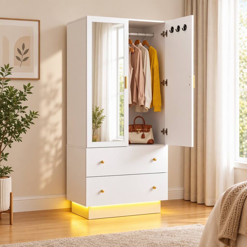 Artiss LED Wardrobe Cabinet Clothes Storage with Mirror 2 Drawers Hanging Rail-Home &amp; Garden > Storage > Clothing &amp; Wardrobe Storage-PEROZ Accessories