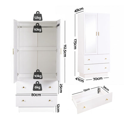 Artiss LED Wardrobe Cabinet Clothes Storage with Mirror 2 Drawers Hanging Rail-Home &amp; Garden > Storage > Clothing &amp; Wardrobe Storage-PEROZ Accessories