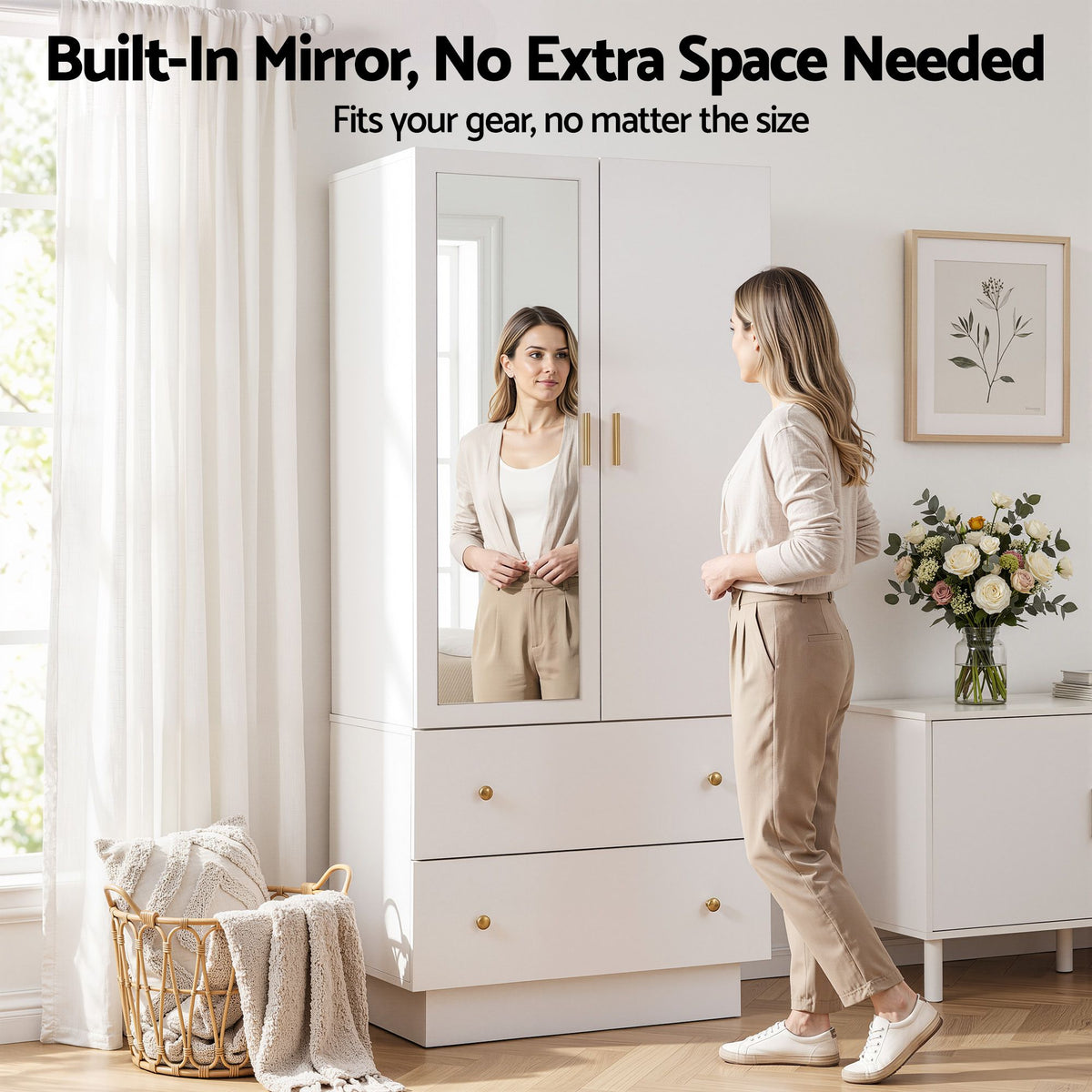 Artiss LED Wardrobe Cabinet Clothes Storage with Mirror 2 Drawers Hanging Rail-Home &amp; Garden > Storage > Clothing &amp; Wardrobe Storage-PEROZ Accessories