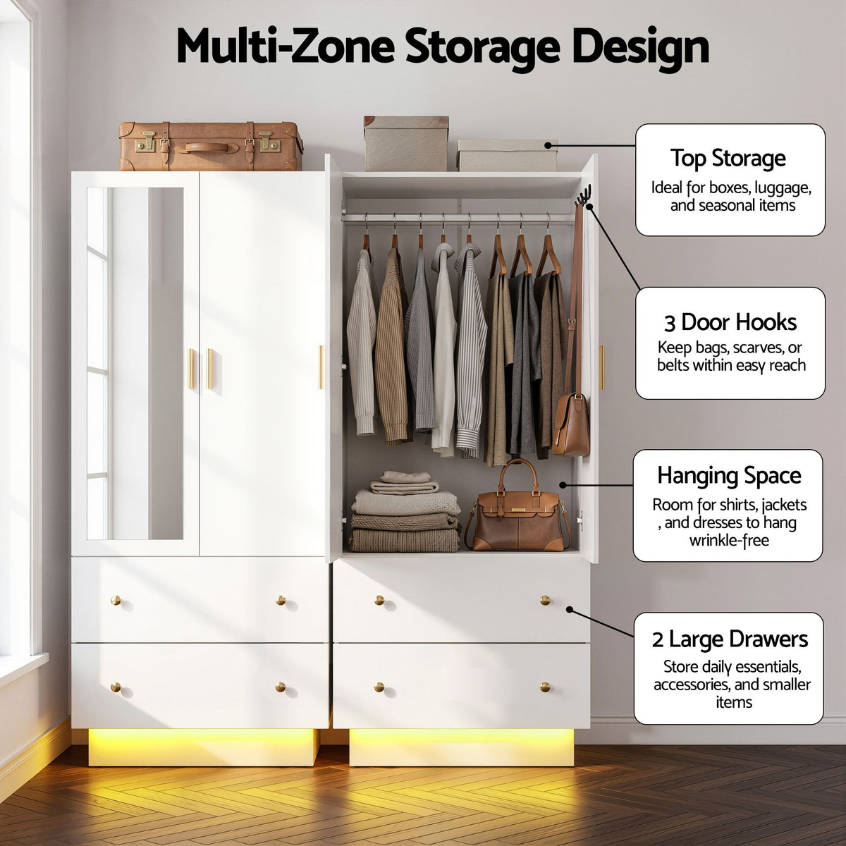 Artiss LED Wardrobe Cabinet Clothes Storage with Mirror 2 Drawers Hanging Rail-Home &amp; Garden > Storage > Clothing &amp; Wardrobe Storage-PEROZ Accessories