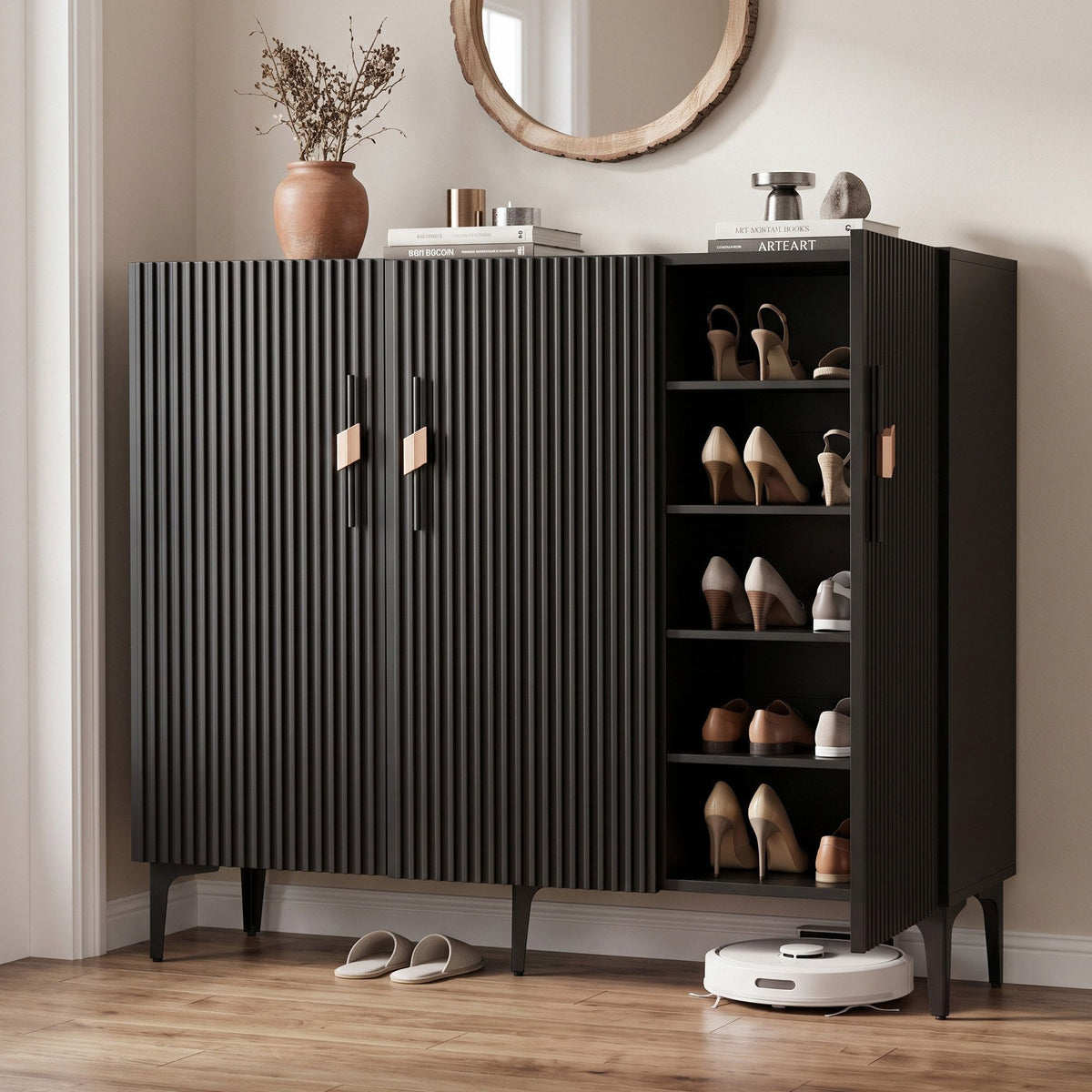 Artiss Shoe Cabinet Fluted Style 25 Pairs Shoe Storage Cupboard Black