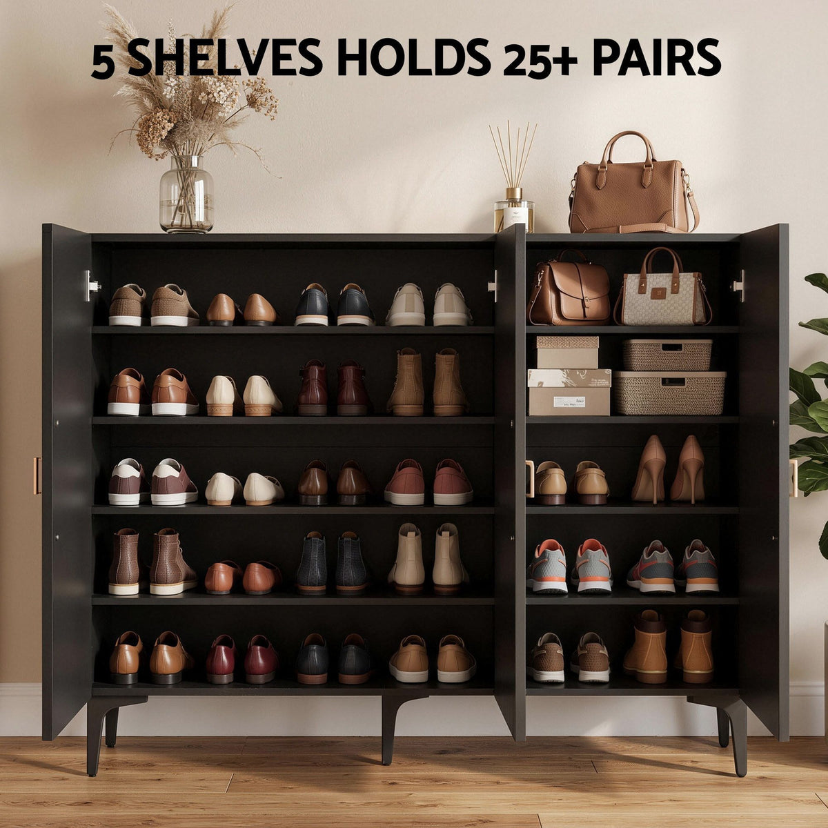 Artiss Shoe Cabinet Fluted Style 25 Pairs Shoe Storage Cupboard Black