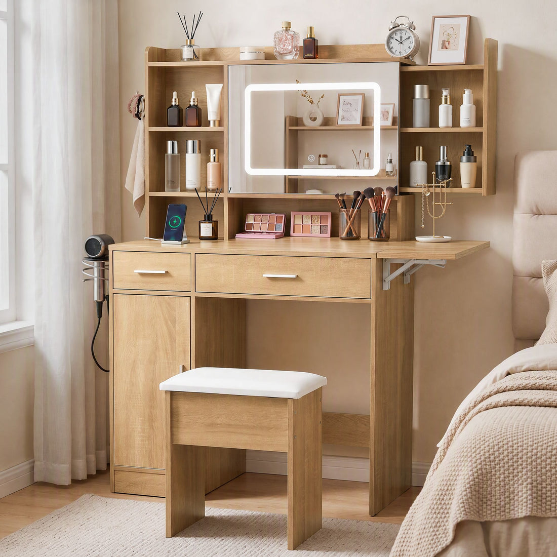 Artiss Dressing Table Vanity Desk Set Stool LED Charging Station Wood-Furniture > Bedroom > Dressing Vanity &amp; Dressing Tables-PEROZ Accessories