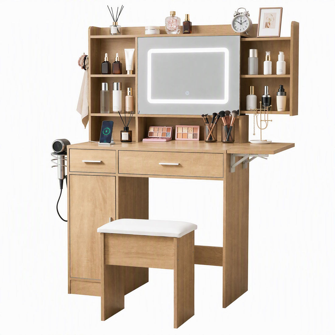 Artiss Dressing Table Vanity Desk Set Stool LED Charging Station Wood-Furniture > Bedroom > Dressing Vanity &amp; Dressing Tables-PEROZ Accessories