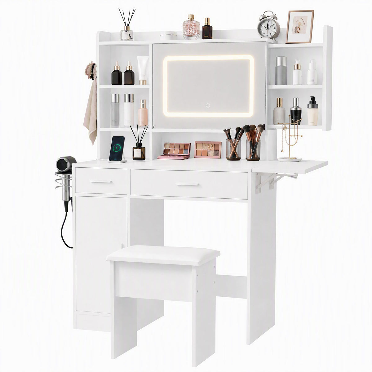 Artiss Dressing Table Vanity Desk Set Stool LED Charging Station White-Furniture > Bedroom > Dressing Vanity &amp; Dressing Tables-PEROZ Accessories