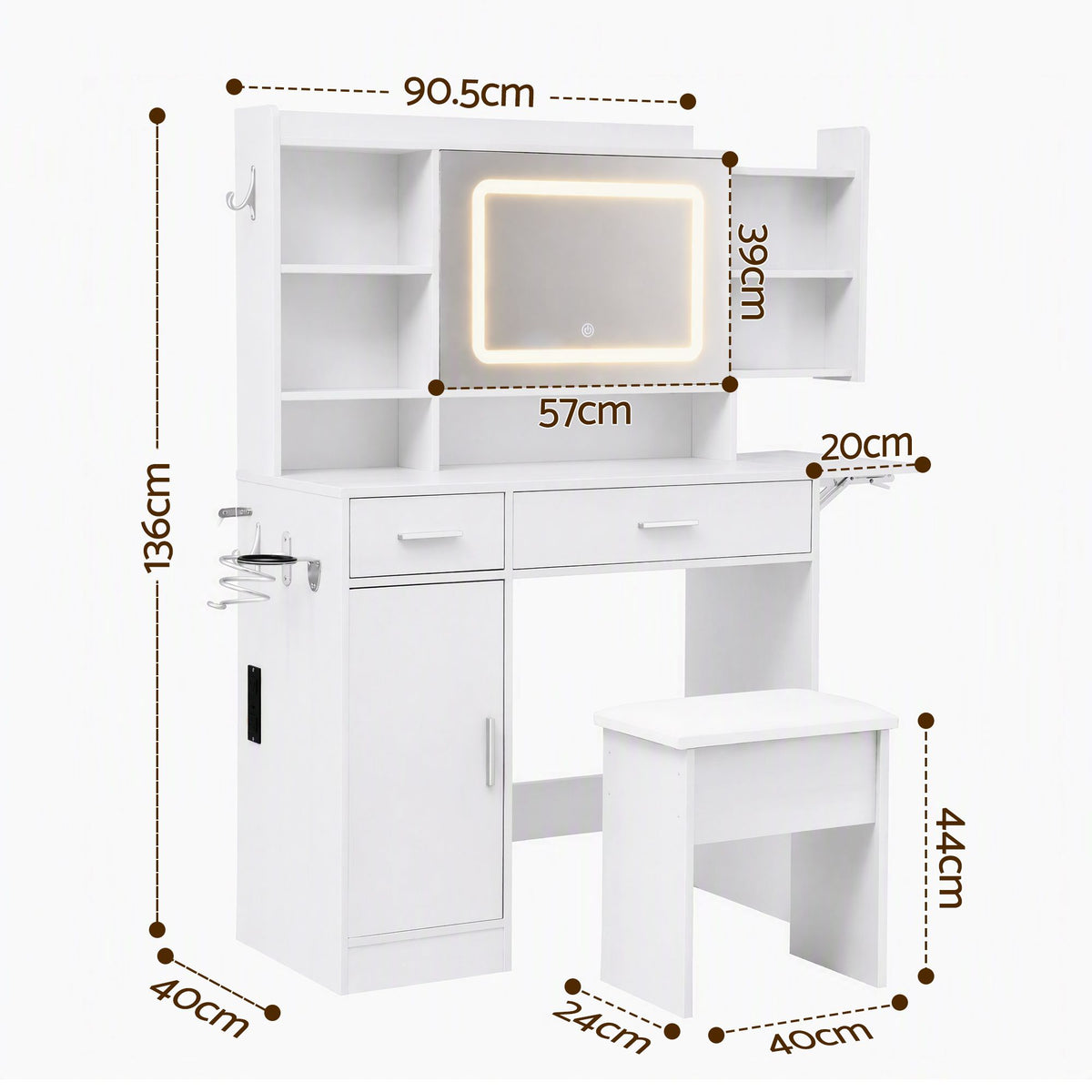 Artiss Dressing Table Vanity Desk Set Stool LED Charging Station White-Furniture > Bedroom > Dressing Vanity &amp; Dressing Tables-PEROZ Accessories