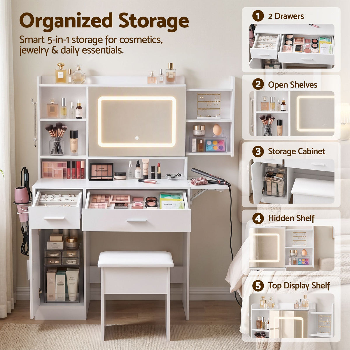 Artiss Dressing Table Vanity Desk Set Stool LED Charging Station White-Furniture > Bedroom > Dressing Vanity &amp; Dressing Tables-PEROZ Accessories
