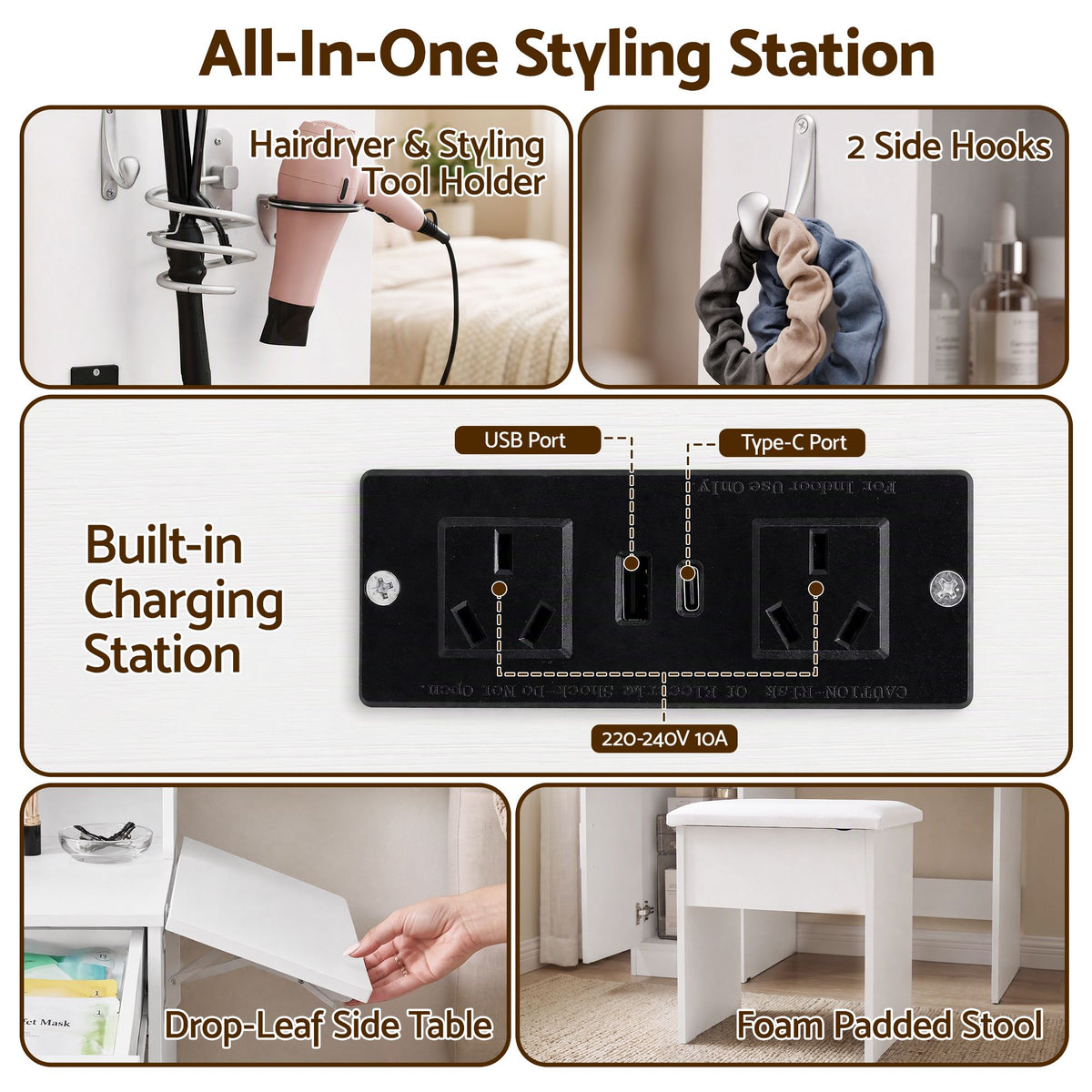 Artiss Dressing Table Vanity Desk Set Stool LED Charging Station White-Furniture > Bedroom > Dressing Vanity &amp; Dressing Tables-PEROZ Accessories