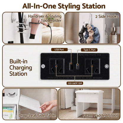 Artiss Dressing Table Vanity Desk Set Stool LED Charging Station White-Furniture > Bedroom > Dressing Vanity &amp; Dressing Tables-PEROZ Accessories