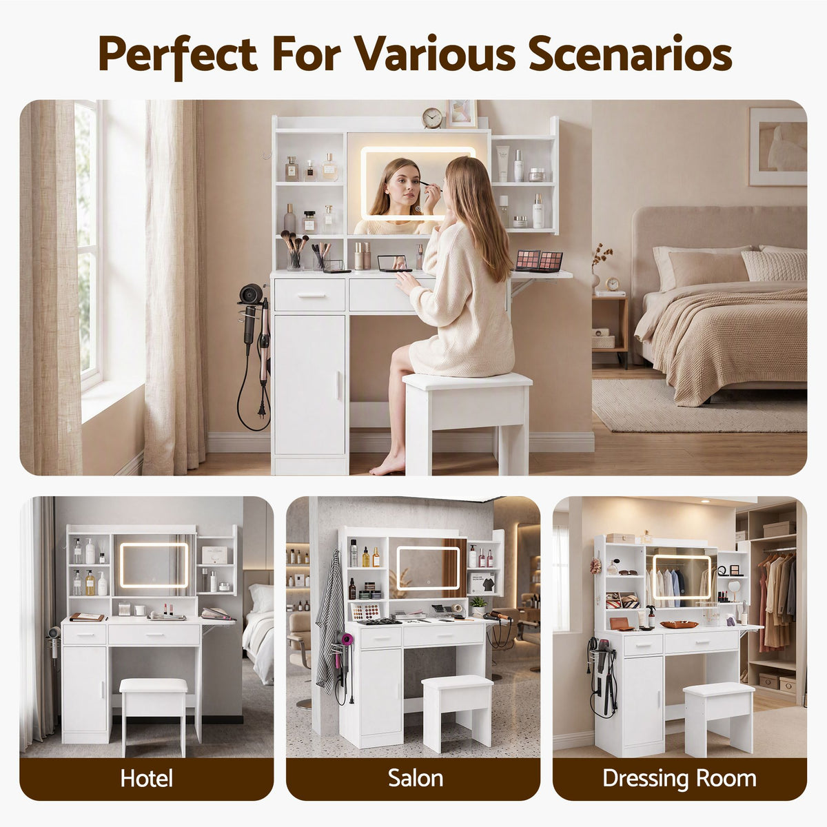 Artiss Dressing Table Vanity Desk Set Stool LED Charging Station White-Furniture > Bedroom > Dressing Vanity &amp; Dressing Tables-PEROZ Accessories