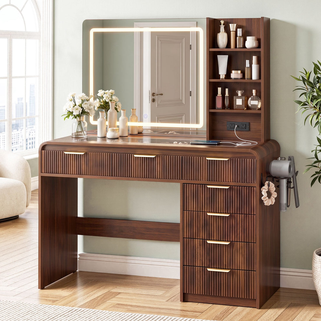 Artiss Dressing Table Vanity Desk LED Lighted Mirror Glass Top 7 Fluted Drawers 120CM Walnut-Furniture > Bedroom > Dressing Vanity &amp; Dressing Tables-PEROZ Accessories