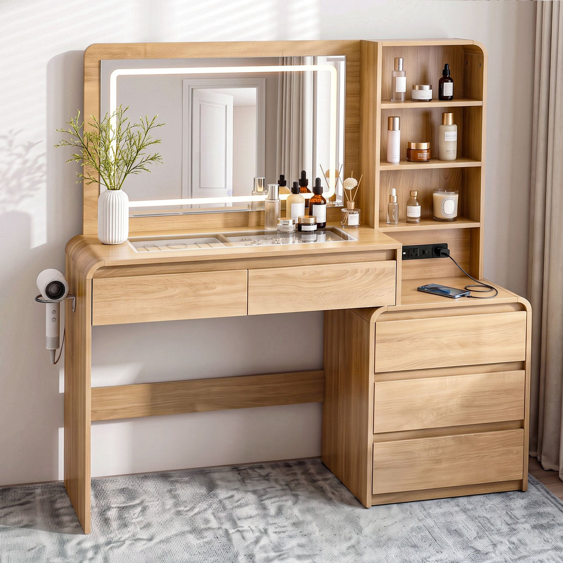 Artiss Dressing Table Makeup Vanity Desk LED Mirror Drawers Charging Station Curved Edge Wood-Furniture > Bedroom > Dressing Vanity &amp; Dressing Tables-PEROZ Accessories