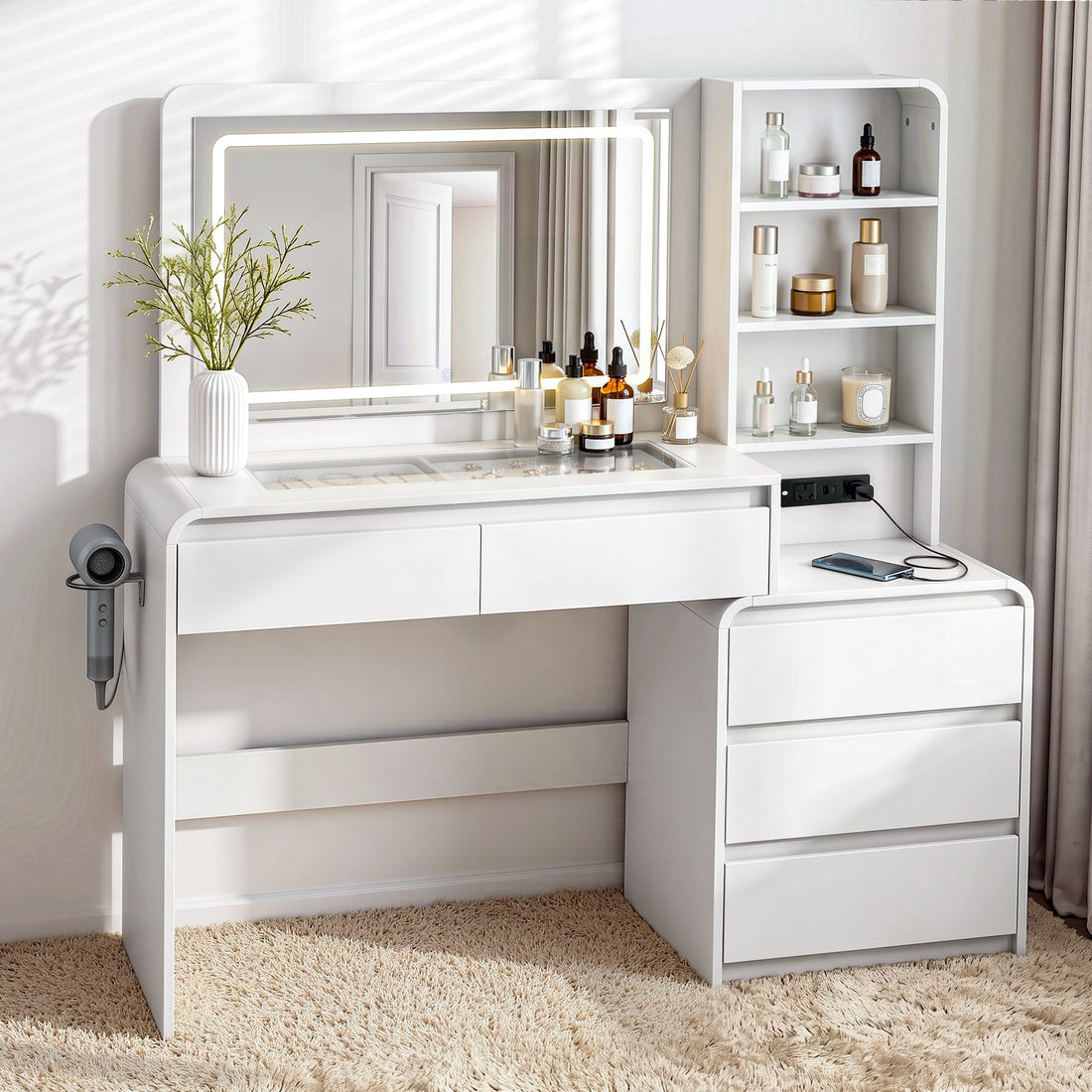 Artiss Dressing Table Makeup Vanity Desk LED Mirror Drawers Charging Station Curved Edge White-Furniture > Bedroom > Dressing Vanity &amp; Dressing Tables-PEROZ Accessories