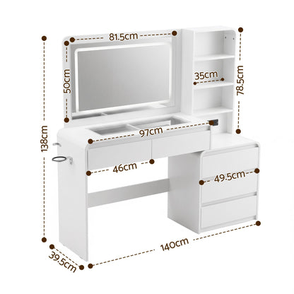 Artiss Dressing Table Makeup Vanity Desk LED Mirror Drawers Charging Station Curved Edge White