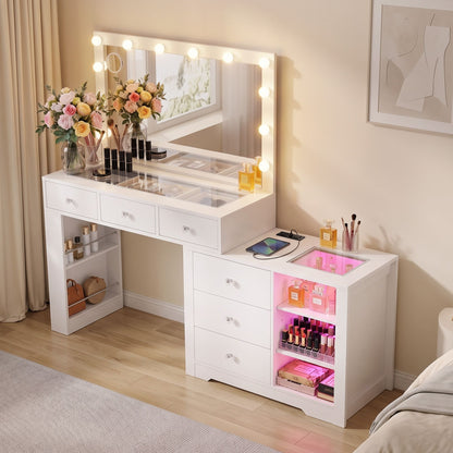 Artiss Dressing Table Mirror Charging Station Glass Top Makeup Vanity Desk RGB Cabinet Storage Drawers Hairdryer Holder White