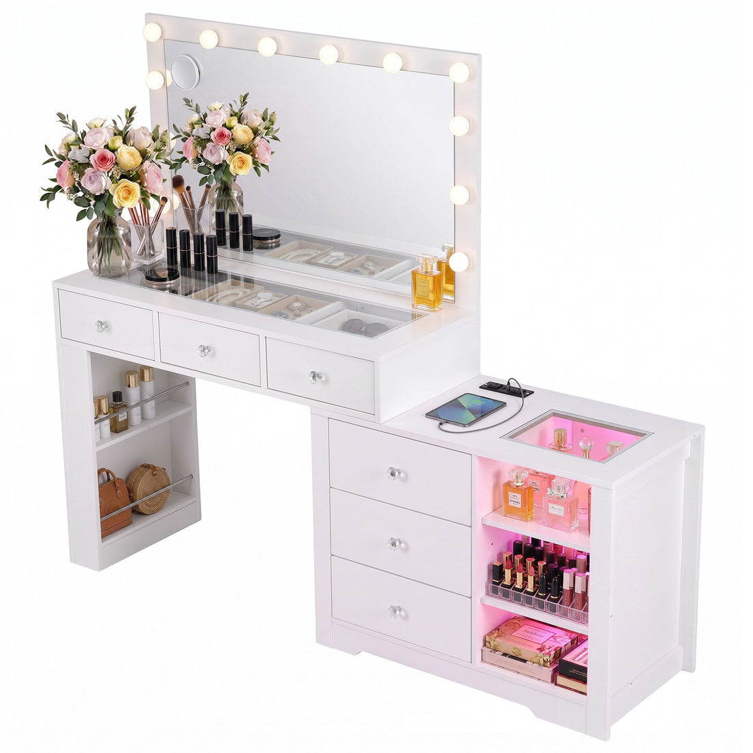 Artiss Dressing Table Mirror Charging Station Glass Top Makeup Vanity Desk RGB Cabinet Storage Drawers Hairdryer Holder White-Furniture > Bedroom > Dressing Vanity &amp; Dressing Tables-PEROZ Accessories
