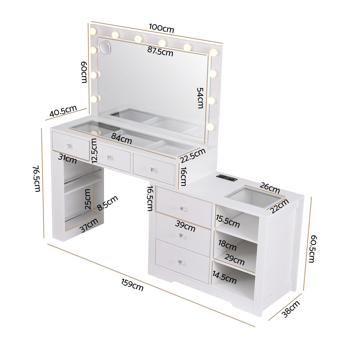 Artiss Dressing Table Mirror Charging Station Glass Top Makeup Vanity Desk RGB Cabinet Storage Drawers Hairdryer Holder White