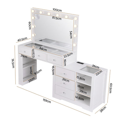 Artiss Dressing Table Mirror Charging Station Glass Top Makeup Vanity Desk RGB Cabinet Storage Drawers Hairdryer Holder White