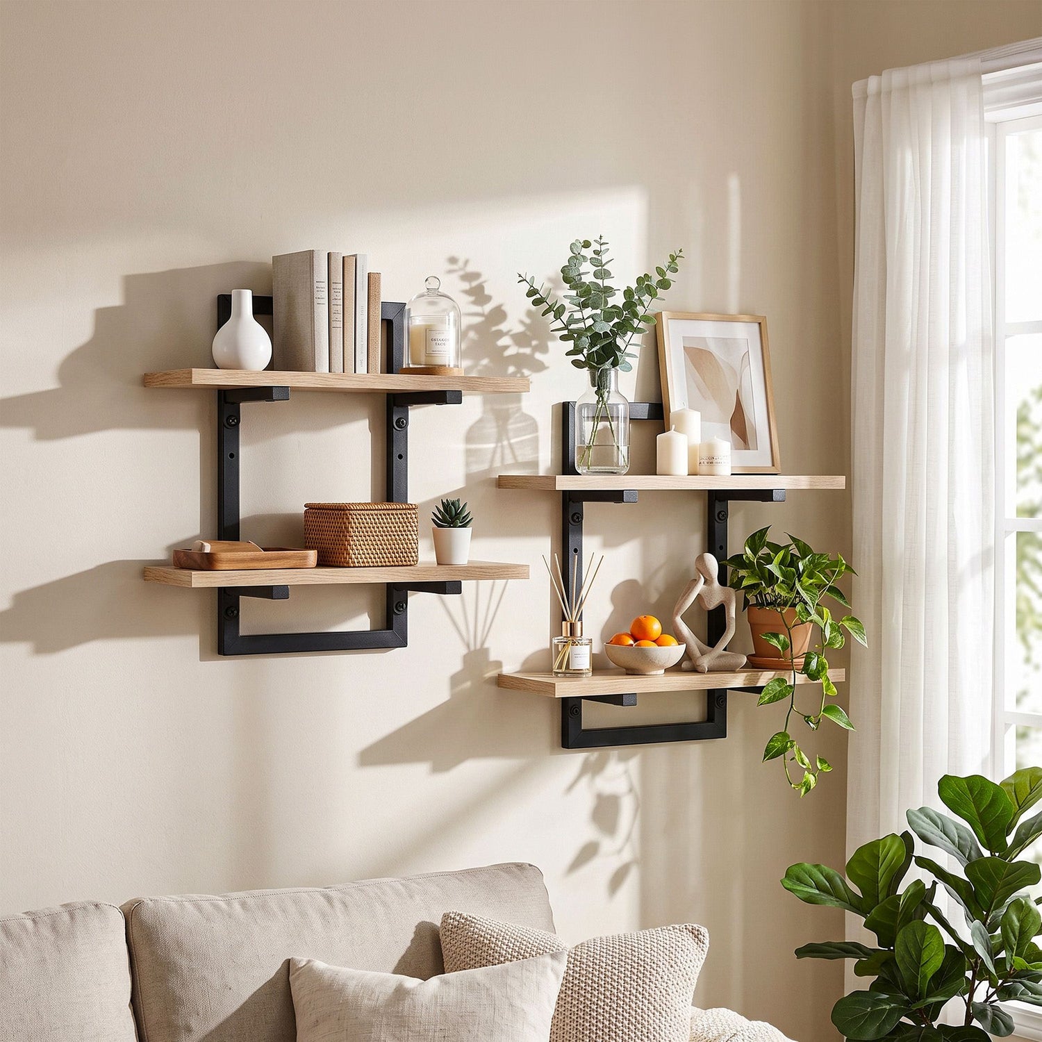 Artiss Set of 2 Floating Wall Shelf 2-Tier Wall-Mounted Display Ledge Wood &amp; Metal
