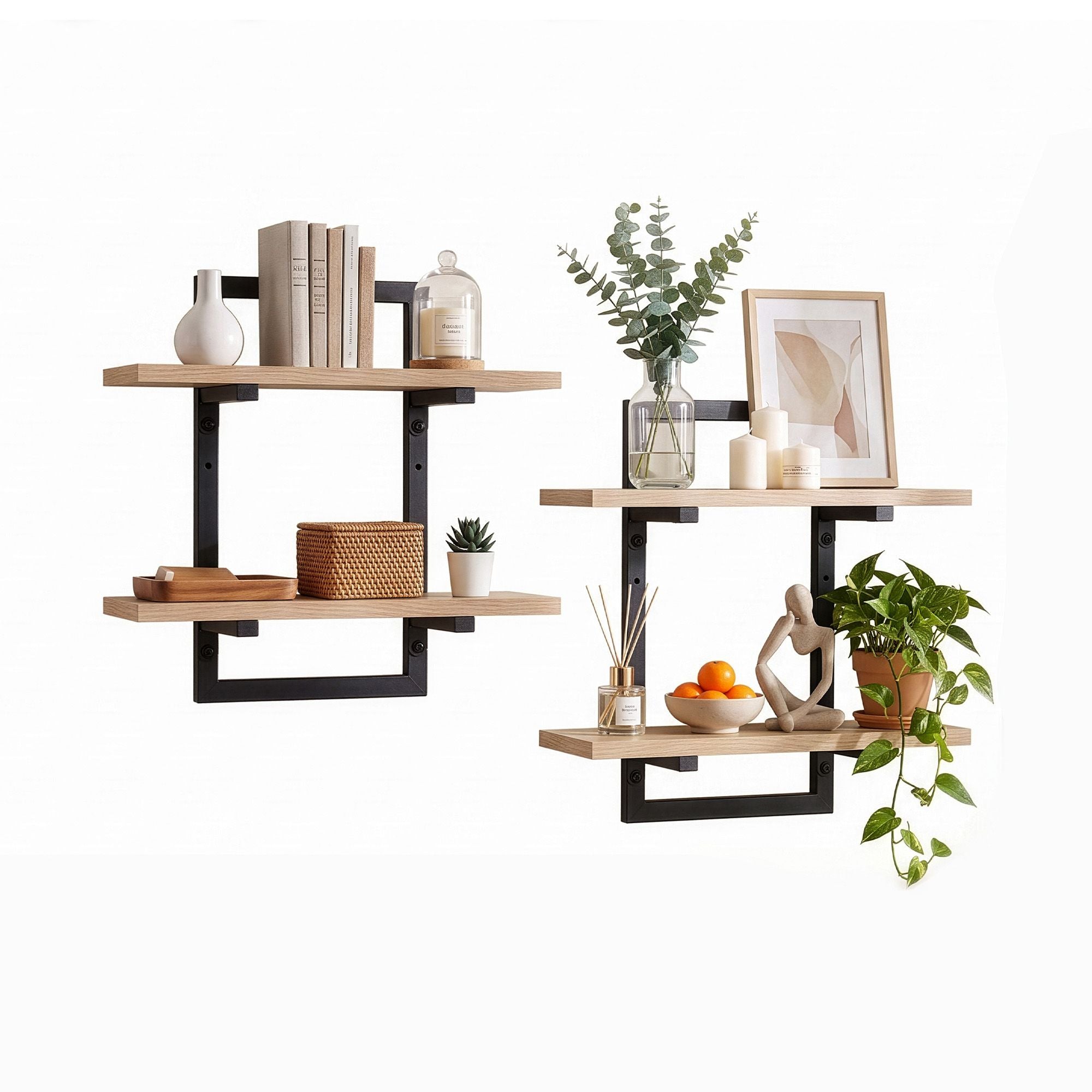Artiss Set of 2 Floating Wall Shelf 2-Tier Wall-Mounted Display Ledge Wood &amp; Metal