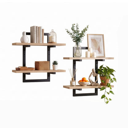 Artiss Set of 2 Floating Wall Shelf 2-Tier Wall-Mounted Display Ledge Wood &amp; Metal