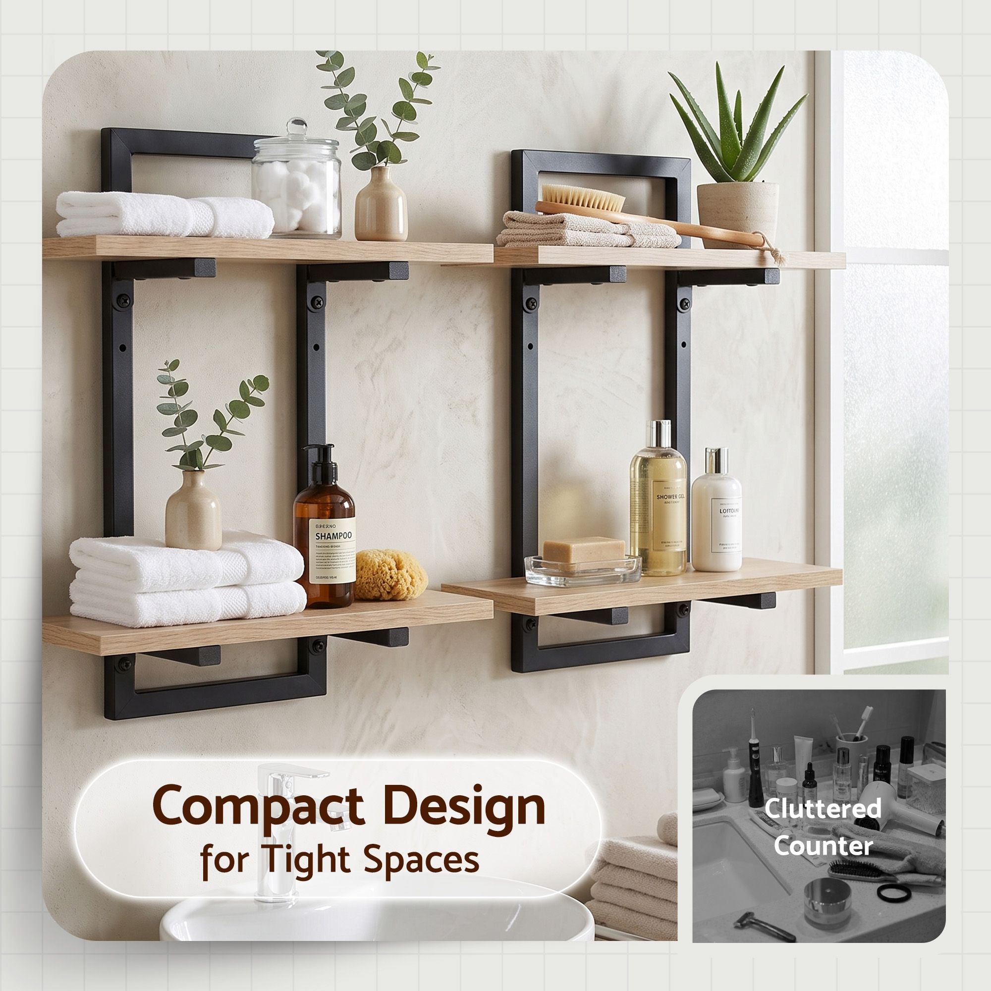Artiss Set of 2 Floating Wall Shelf 2-Tier Wall-Mounted Display Ledge Wood &amp; Metal