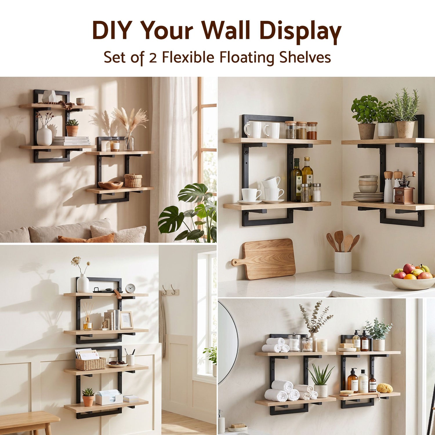 Artiss Set of 2 Floating Wall Shelf 2-Tier Wall-Mounted Display Ledge Wood &amp; Metal