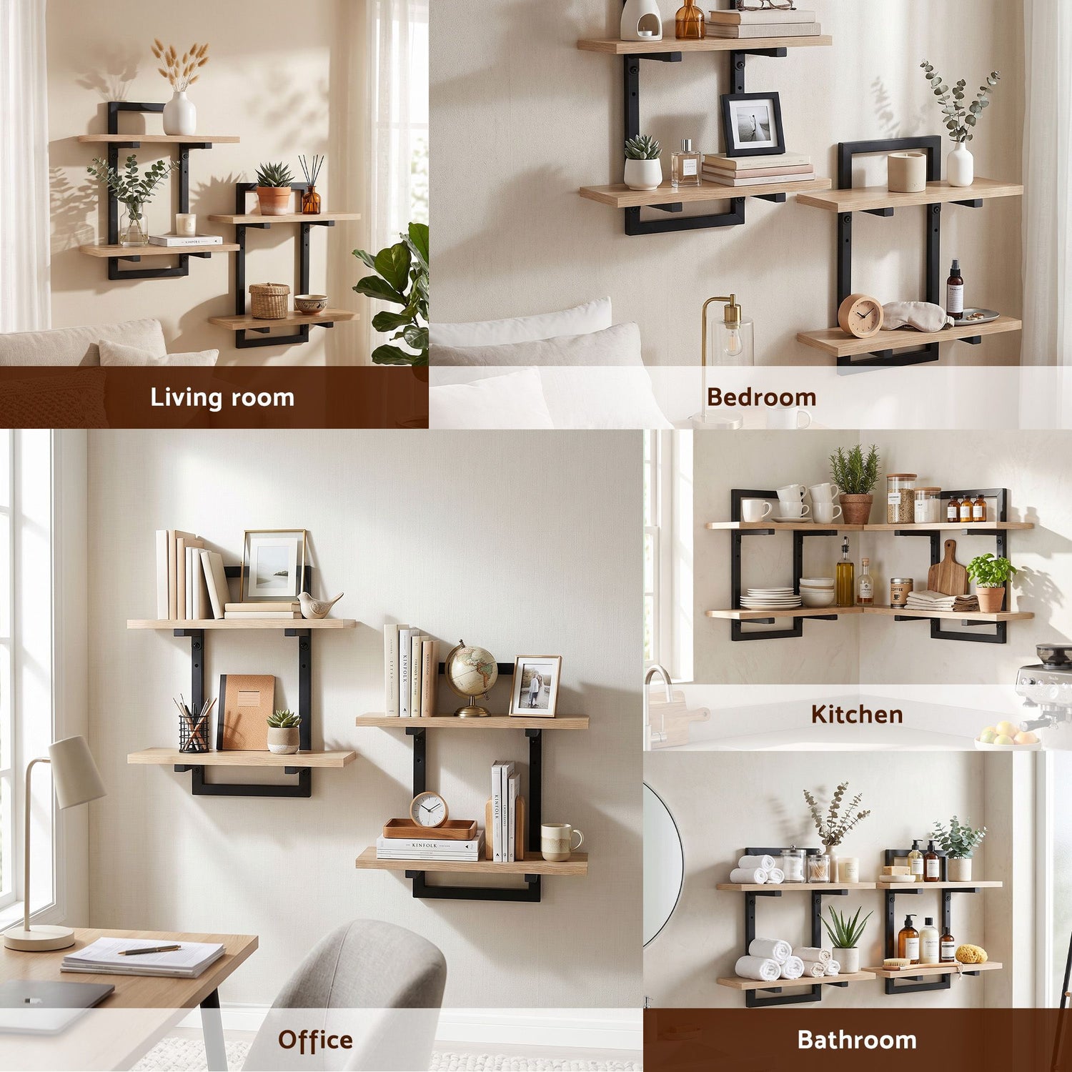 Artiss Set of 2 Floating Wall Shelf 2-Tier Wall-Mounted Display Ledge Wood &amp; Metal