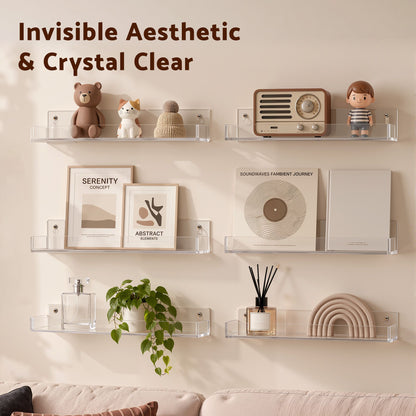 Artiss 6-Pack Acrylic Wall Shelves, Clear Floating Display Shelf with Detachable Panels &amp; Front Lip-Furniture > Living Room > Bookcases &amp; Shelves-PEROZ Accessories