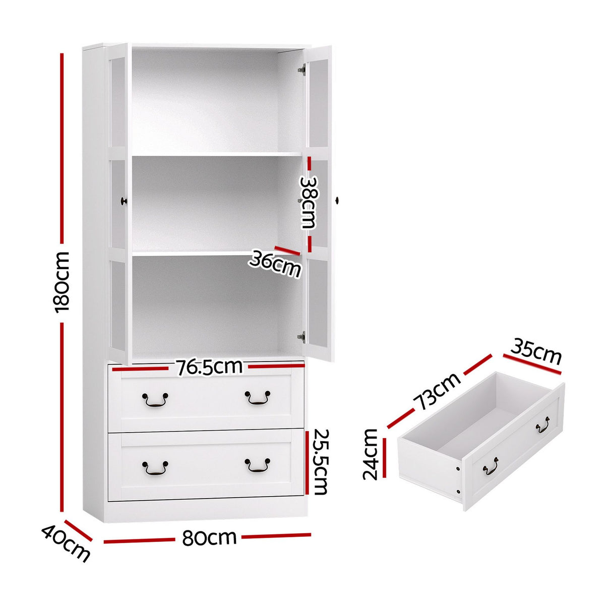 Artiss Buffet Sideboard Cabinets X2 180cm Hutch Storage Kitchen Clear Door White-Furniture > Bathroom > Sinks-PEROZ Accessories