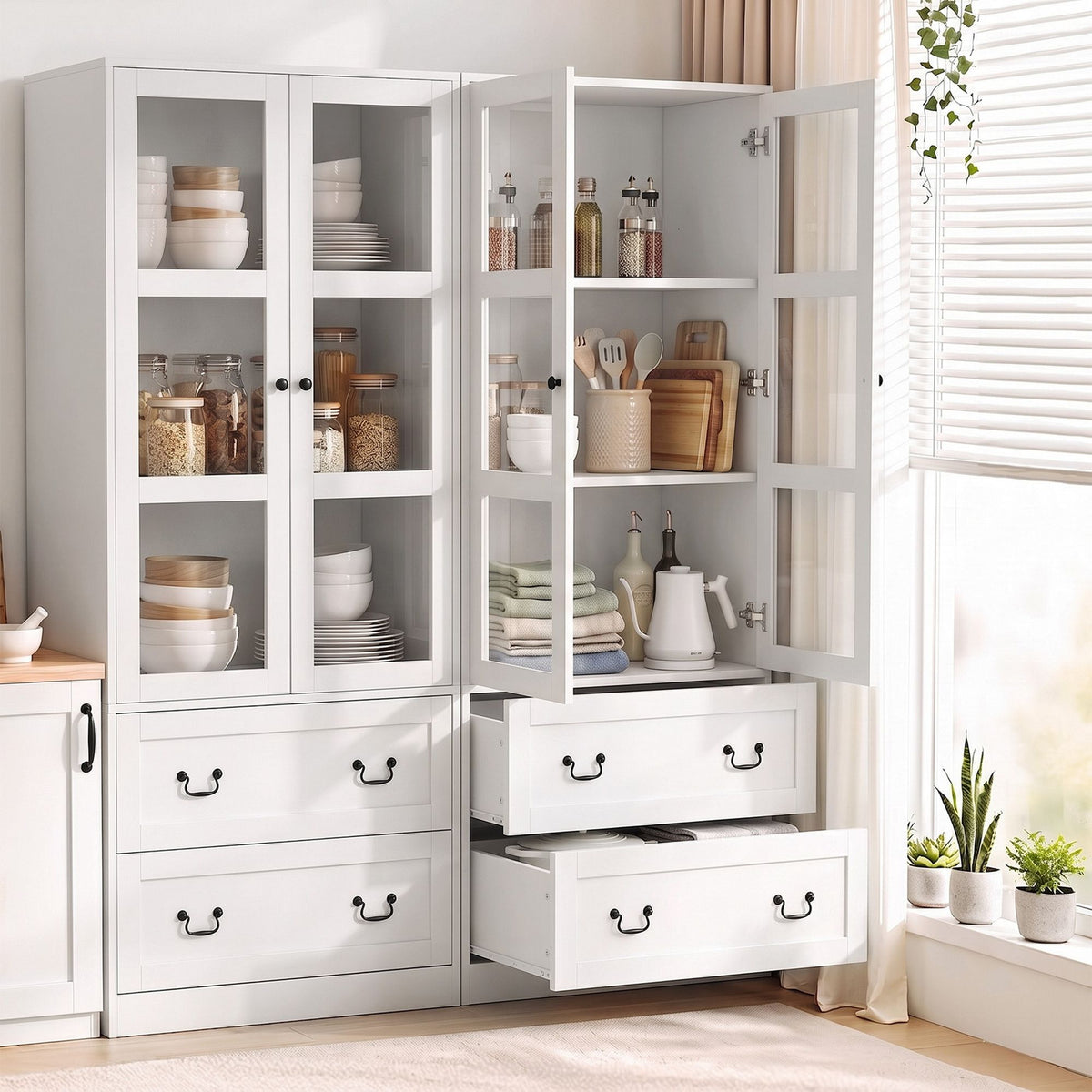 Artiss Buffet Sideboard Cabinets X2 180cm Hutch Storage Kitchen Clear Door White-Furniture > Bathroom > Sinks-PEROZ Accessories