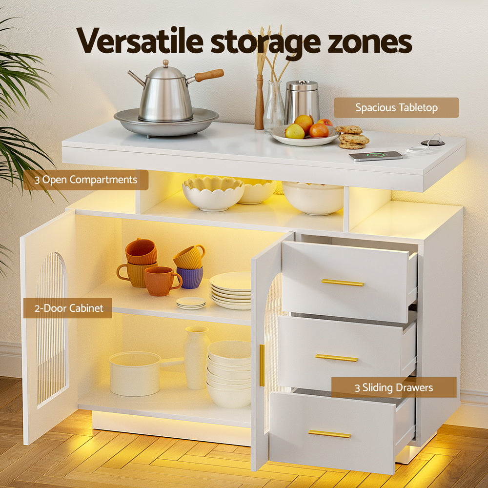 Artiss Buffet Sideboard Cabinet LED Clear Door Kitchen Storage Drawers White-Furniture &gt; Dining &gt; Buffets &amp; Sideboards-PEROZ Accessories