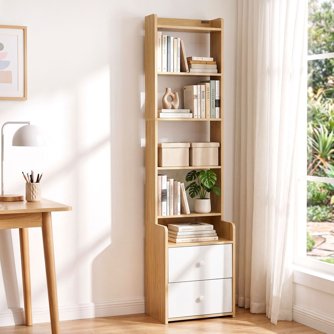 Artiss 6 Tiers Bookshelf with 2 Drawer Storage Shelf Pine-Furniture > Living Room > Bookcases &amp; Shelves-PEROZ Accessories