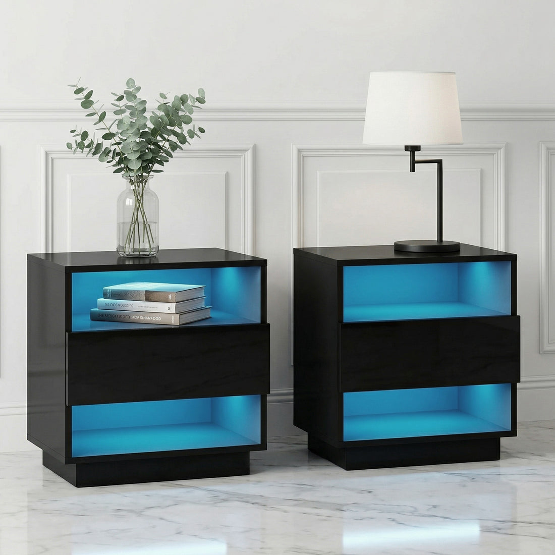Artiss 2x Bedside Table LED with 2 Shelves - HANA Black-Furniture > Bedroom > Bedside Tables-PEROZ Accessories