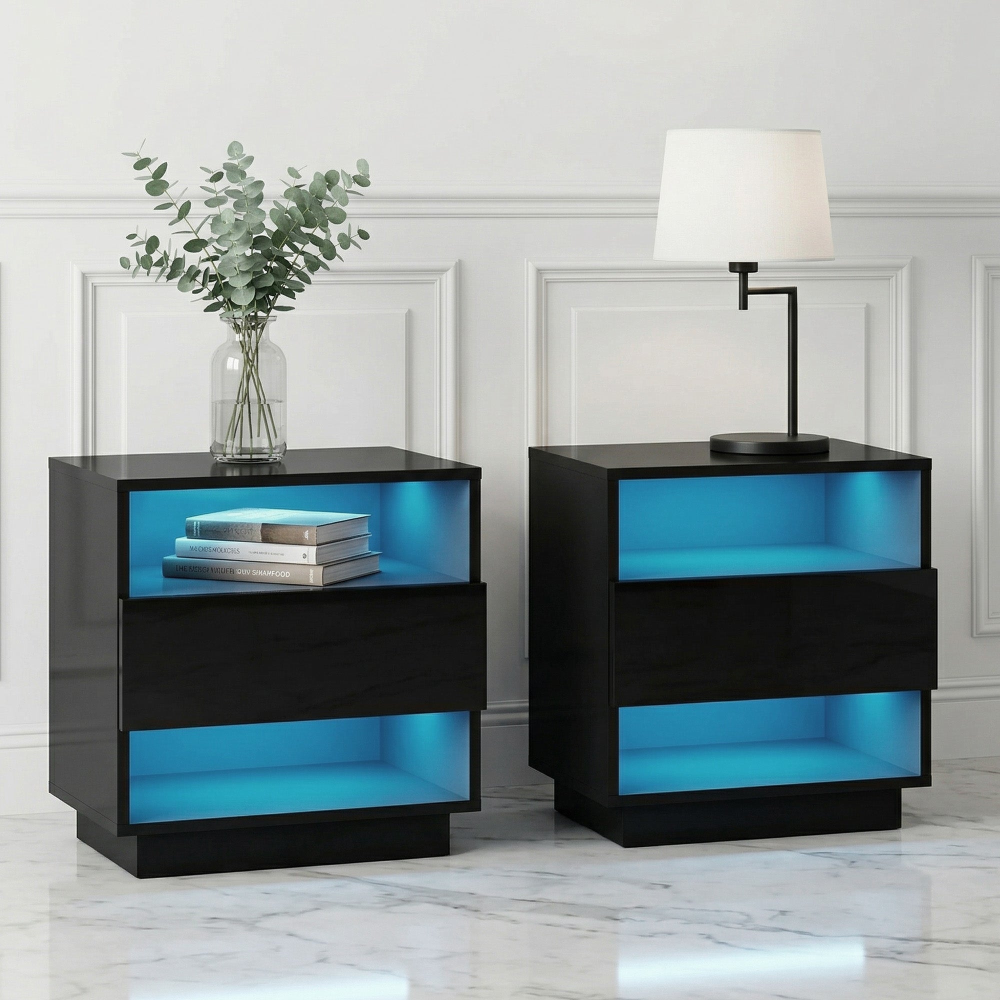 Artiss 2x Bedside Table LED with 2 Shelves - HANA Black-Furniture > Bedroom > Bedside Tables-PEROZ Accessories