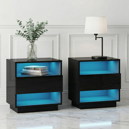 Artiss 2x Bedside Table LED with 2 Shelves - HANA Black-Furniture > Bedroom > Bedside Tables-PEROZ Accessories