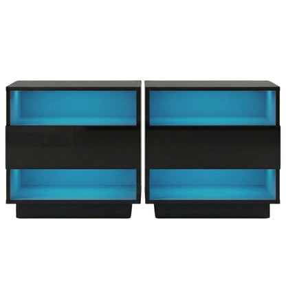 Artiss 2x Bedside Table LED with 2 Shelves - HANA Black-Furniture > Bedroom > Bedside Tables-PEROZ Accessories