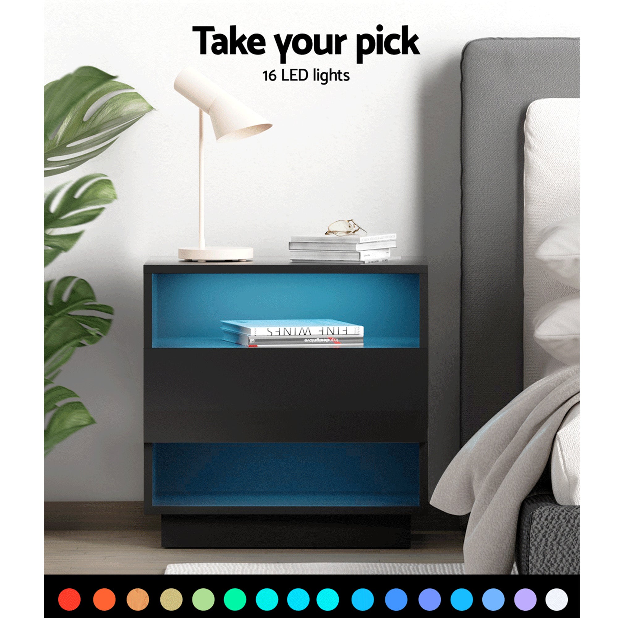 Artiss 2x Bedside Table LED with 2 Shelves - HANA Black-Furniture > Bedroom > Bedside Tables-PEROZ Accessories