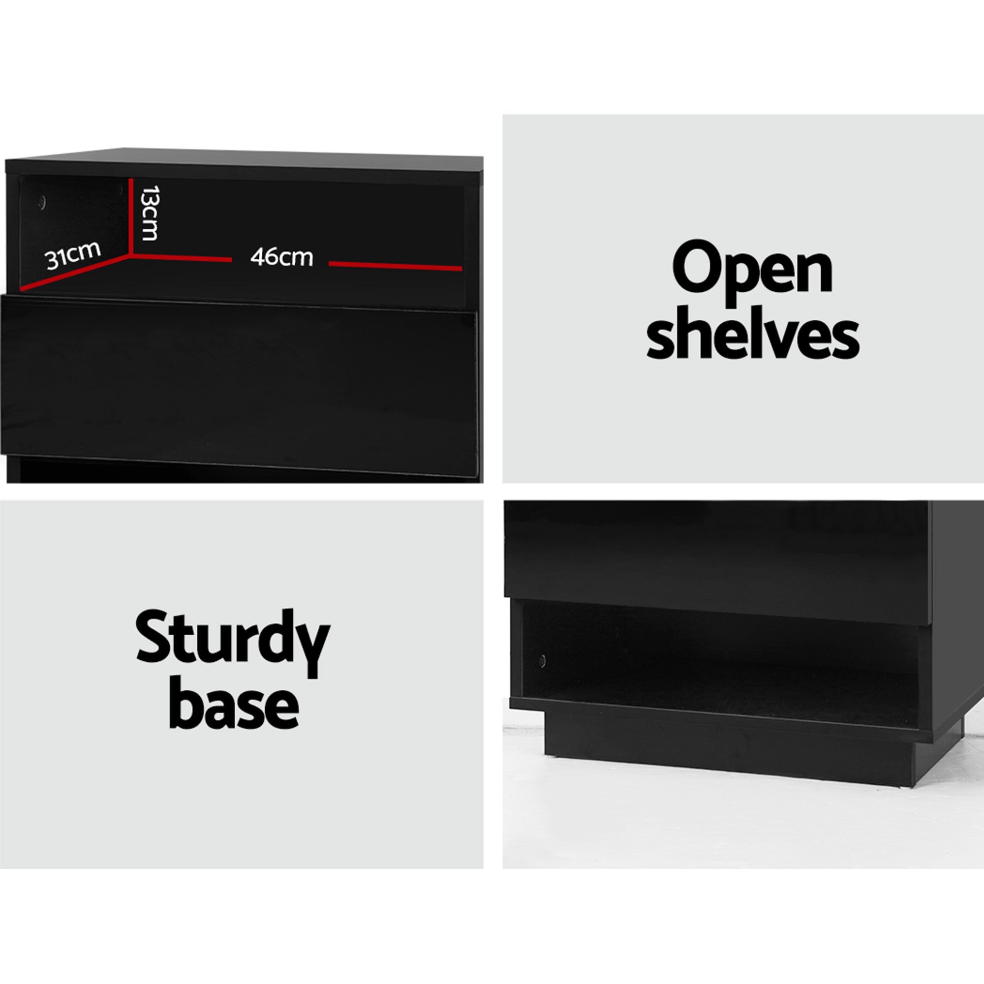 Artiss 2x Bedside Table LED with 2 Shelves - HANA Black-Furniture > Bedroom > Bedside Tables-PEROZ Accessories