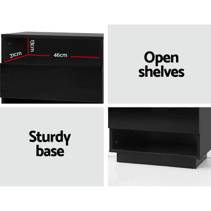 Artiss 2x Bedside Table LED with 2 Shelves - HANA Black-Furniture > Bedroom > Bedside Tables-PEROZ Accessories