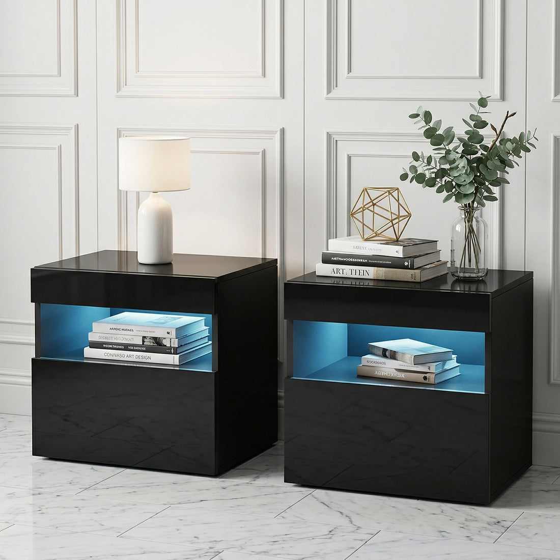 Artiss 2x Bedside Table LED - HERES Black-Furniture > Bedroom > Bedside Tables-PEROZ Accessories