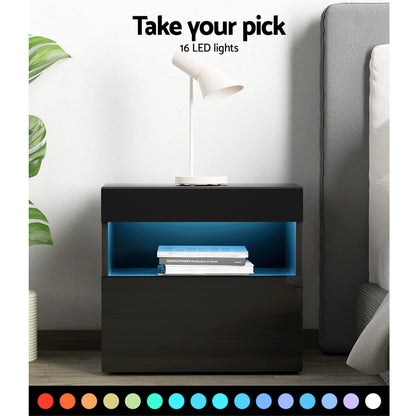 Artiss 2x Bedside Table LED - HERES Black-Furniture > Bedroom > Bedside Tables-PEROZ Accessories